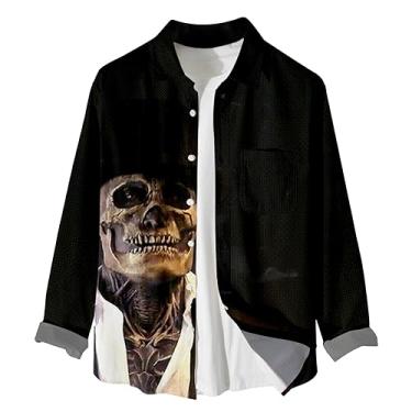 Imagem de Camisetas masculinas de Halloween com estampa de caveira e bolso de botão, manga comprida, sem bolinhas, não passar a ferro, Preto, XG