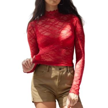 Imagem de Kissonic Camiseta feminina de renda, manga comprida, gola redonda, transparente, transparente, Vermelho, PP