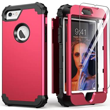 Imagem de IDweel Capa para iPhone 6S, capa para iPhone 6 com protetor de tela (vidro temperado), 3 em 1, absorção de choque, resistente, capa protetora de corpo inteiro de silicone macio para meninas, vermelho melancia/preto