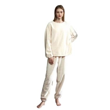 Imagem de LUBOSE Pijamas femininos confortáveis, conjunto de pijamas femininos, pijamas femininos de veludo coral, pijamas térmicos femininos, dois conjuntos de pijamas femininos, Bege3, M