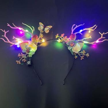 Imagem de Woent Faixa de cabeça de Natal de LED com chifres de veado e orelhas de rena, acessórios de cabelo de Natal (cor clara)