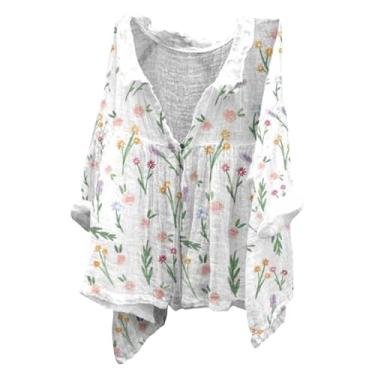 Imagem de Camisas de linho para mulheres, estampa floral, túnica com botões, blusas de manga comprida, casual, solta, elegante, trabalho, fofa, rosa, M