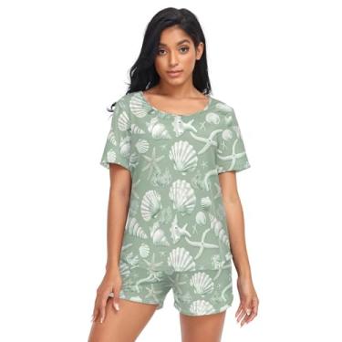 Imagem de CHIFIGNO Conjunto de pijama feminino, conjunto de pijama feminino de duas peças, de manga curta, conjunto de pijama feminino e shorts, Conchas do mar verde-sálvia, G