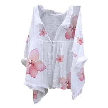 Imagem de Blusa feminina de linho casual de verão com estampa floral, gola V grande, com botões, manga comprida, lapela e gola, rosa, P