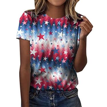 Imagem de Camiseta feminina casual 4 de julho bandeira americana listras estrelas vermelho branco azul patriótico blusa manga curta, rosa, 4G
