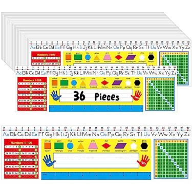 Imagem de Placas de identificação de mesa de 36 peças, etiquetas de nome de mesa de filme PET dupla face com alfabeto, números, gráfico de multiplicação, formas, cores e régua apagável e reutilizável placa de nome do manuscrito tradicional (35,5 cm x 10 cm)