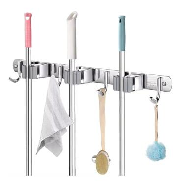 Imagem de Suporte de Pendurar Vassoura, Organizador de Parede para Mop, Rodo, 7 Acessórios, Aço Inoxidável