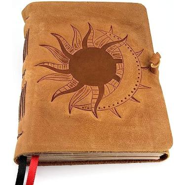 Imagem de Diário encadernado de couro para mulheres com papel pautado - Diário feito à mão de poesia e grimório, caderno encadernado em couro de flor integral - Design de sol e lua para mulheres e homens