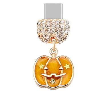 Imagem de ELISE & FONDA TP288 Tipo-C porta de carregamento USB cristal plugue antipoeira abóbora Halloween pingente para celular Samsung/Huawei/OnePlus/Xiaomi/oppo telefones Android (laranja), approx.1.9 cm (L)
