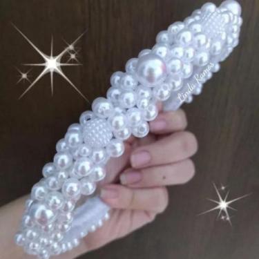 Imagem de Tiara arco chá revelação customizada com pérolas artesanal. - Ateliê L