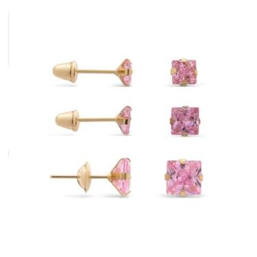 Imagem de Kit 3 Pares Brincos de Ouro 18K Solitário Quadrado Unissex Zircônias d