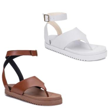 Imagem de Kit 2 Sandália Feminina Luxo Flat Tiras Chinelo Plataforma Confortável