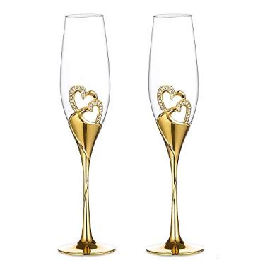 Imagem de Conjunto de taças de champanhe de casamento conjunto de óculos de brinde pacote com 2 com strass decorações de corações para casamentos, aniversários e ocasiões especiais, Dourado, Gold Champagne Glasses 1#, 2