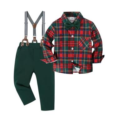 Imagem de ZOEREA Terno para bebês meninos, roupas de casamento para cavalheiros, camisa social de manga comprida + calça suspensória + gravata borboleta 1-5 anos, Vermelho quadriculado, 12-18 Meses
