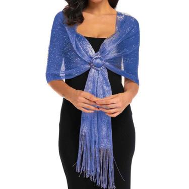 Imagem de Echarpe Lenço Xale Brilhante Indiano Estampado Festas Azul - anjo da m