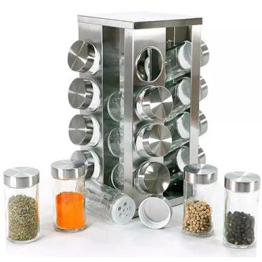 Imagem de Porta Temperos Condimentos Inox 16 Potes Vidro E Tampa Inox - ds