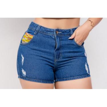 Imagem de Short Jeans Cintura Alta Com Bordado - IMPÉRIO JEANS, Lavagem escura, 
