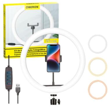 Imagem de Iluminador Ring Light 12" 30cm Oberon OR-PL300 + Mini Ball Head + Suporte Garra Presilha Celular Kit sem Tripé de Chão