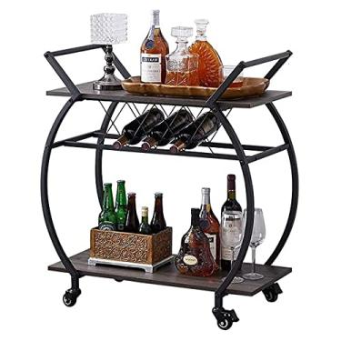 Imagem de LVB Bar Cart with Wine Rack, 2 Tier Kitchen Coffee Cart on Wheels, Industrial Wood and Metal Portable Liquor Wine Cart for Home, Rustic Modern Mobile Rolling Serving Cart with Shelves, Dark Gray Oak
