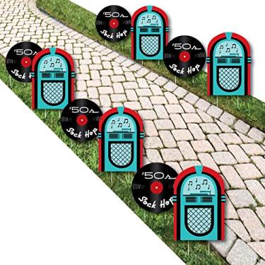 Imagem de Sock Hop dos anos 50 - Decorações de gramado Jukebox and Record - Decorações de jardim de festa Rock N Roll anos 50 - 10 peças