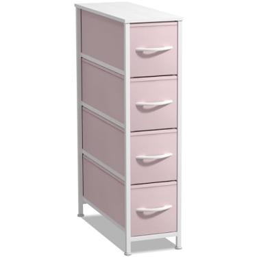 Imagem de Sorbus Torre de cômoda estreita com 4 gavetas – Organizador de armazenamento vertical para quarto – Crianças meninos e meninas, banheiro, lavanderia, armários e mais, moldura de aço, parte superior de madeira, caixas de tecido, rosa)