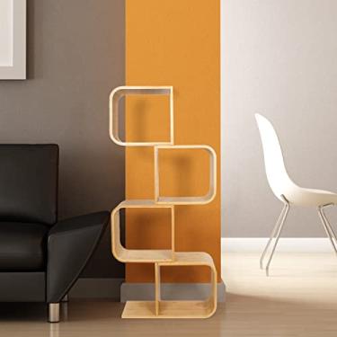 Imagem de Estante geométrica em forma de S de bambu de 4 níveis, CDs de armazenamento de mesa de cabeceira de grande capacidade, prateleira de exibição de DVDs, prateleira de livros em pé para casa, escritório, sala de estar, quarto