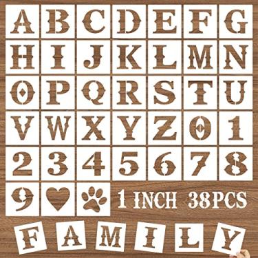 Imagem de DZXCYZ Estênceis de letras e números de 2,5 cm, 38 peças de estênceis de artesanato de alfabeto DIY, modelos de desenho de plástico reutilizáveis para pintura em madeira, parede, tecido, pedra, quadro-negro, piso, sinalização, varanda de porta