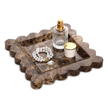 Imagem de Bandeja decorativa quadrada de mármore com borda recortada, bandeja luxuosa de pedra natural para banheiro, cômoda, perfume, café, casa, cozinha, pia, anel (marrom escuro, 20 x 20)