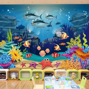 Imagem de Papel de parede grande misterioso mundo submarino 163 x 228 cm colorido coral oceano peixe estrela do mar dourado mural de parede cenário subaquático grama arte de parede para quarto TV fundo