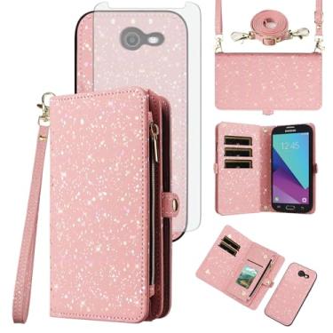 Imagem de Asuwish Capa de celular para Samsung Galaxy J3 Luna Pro J 3 Prime 2017 Emerge 3J Eclipse Mission Carteira magnética destacável com protetor de tela e compartimento para cartão com glitter S327VL Rosa