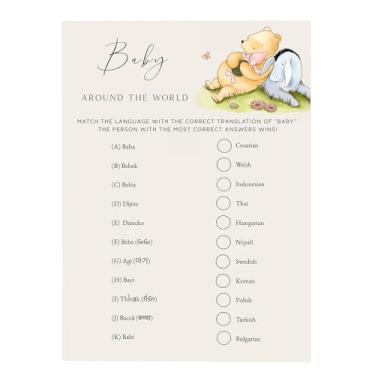 Imagem de Jogos de chá de bebê Winnie, Baby Around The World, cartas de jogo de chá de bebê, conjunto de 30, lembrancinhas de festa do Ursinho Pooh, suprimentos e atividades para jogos de festa de chá de bebê,