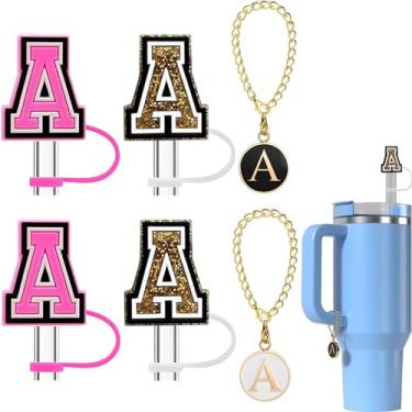 Imagem de Haundry Pacote com 4 capas de canudo para copo Stanley, tampa de palha reutilizável de 10 mm com 2 peças, acessórios de pingente de letra inicial para copo Stanley com alça, ouro rosa A