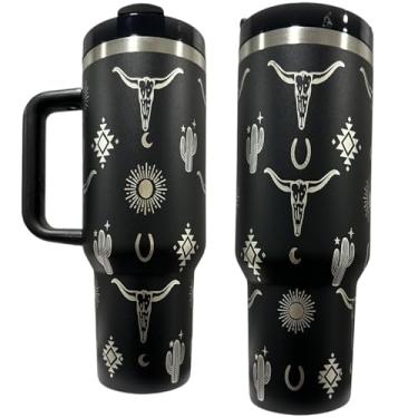 Imagem de Silva lining designing Garrafa de água de aço inoxidável 1,134 g copo Longhorn Bottle Bull tumbler presente de vaca copo ocidental garrafa de água ocidental (preto-longhorn)
