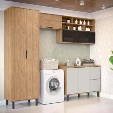Imagem de Lavanderia Modulada com 2 Aéreos, 1 Balcão e 1 Armário Multiuso Toscana 100% Mdf Freijó/Off White