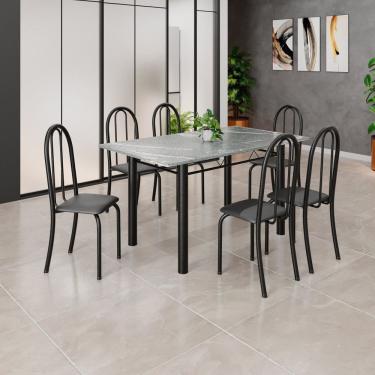 Imagem de Conjunto de Mesa Tubular 140cm X 75cm Tampo em Granito Topázio com 6 Cadeiras Iris B Preto