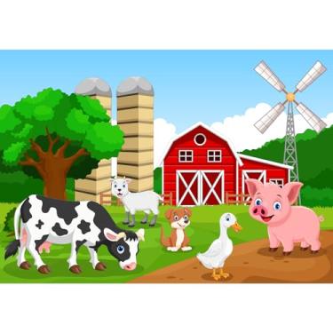 Imagem de Red Barn Farm Backdrop Farm Cute Happy Animals Exuberante Árvores Verdes Prado Casa de Fazenda Tema Animais de Fazenda Decoração de Pano de Fundo de Festa de Aniversário Decorações de Fundo de Celeiro