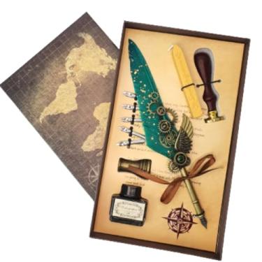 Imagem de Kit Caneta Tinteiro Pena Engrenagem Verde Com Carimbo