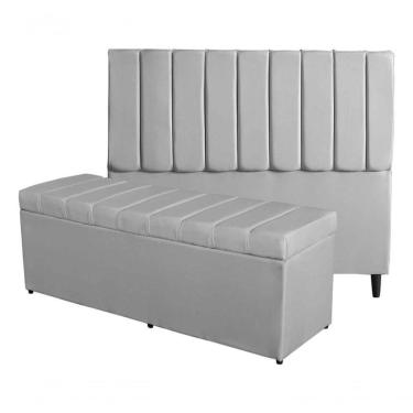 Imagem de Kit De Quarto Roma Cabeceira De Cama Box E Calçadeira Baú Casal 140 Cm Suede Prata Eli Móveis E Decoração
