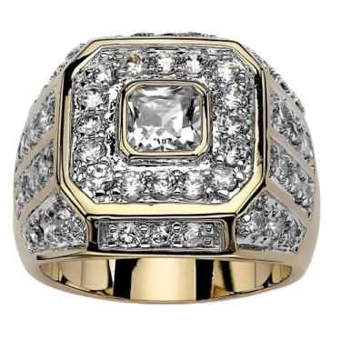 Imagem de Anel de festa masculino com pedras de strass: anel de diamante simulado cintilante, feito em liga metálica, banhado a ouro para um brilho requintado - o acessório de estilo hip-hop ideal para eventos