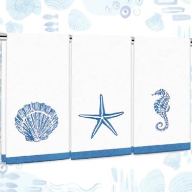 Imagem de FYSUIMU Pacote com 3 toalhas de mão oceano mar algodão bordado concha do mar estrela do mar cavalo marinho toalha de banho toalha de prato azul e branco para o verão secagem das mãos limpeza cozinhar