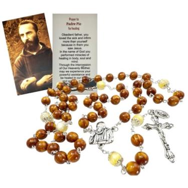 Imagem de Westmon Works Rosário Padre Pio contas marrons e pingentes de metal com cartão de oração do Santo Santo, Small, Vidro Zinco, Sem Pedra Preciosa