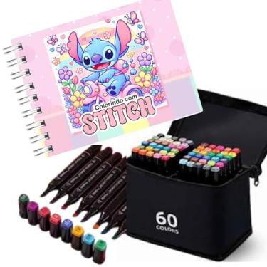 Imagem de Kit de Colorir Premium -Livro de Colorir capa dura Stitch Rosa + 60 Canetinhas coloridas - Canetas pontas duplas Coloridas - marcador touch - Kit educativo, antiestresse, criativo