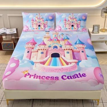 Imagem de AILONEN Jogo de lençol solteiro castelo de fadas, castelo de princesa rosa para crianças, adolescentes, meninas, 1 lençol com elástico + 2 fronhas, 3 peças