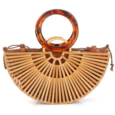Imagem de Bolsa de bambu feminina bolsa de praia bolsa de palha natural de verão feita à mão, bolsa feminina de bambu, Marrom, Rústico
