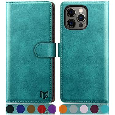 Imagem de SUANPOT Capa carteira para iPhone 13 Pro (não iPhone 13 6.1 5G com bloqueio de RFID, suporte para cartão de crédito, capa para telefone de couro PU flip book celular feminino masculino para Apple 13 Pro, carteira azul e verde