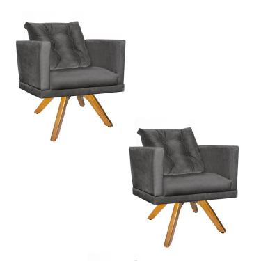 Imagem de Kit 02 Poltrona Cadeira Kim Luxo Confort Giratória Carvalho Com Almofada Solta Corino Cinza