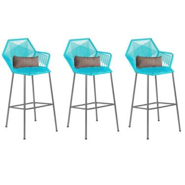 Imagem de Kit 03 Banqueta Alta Sttar Ferro Prata Fibra Azul Turquesa Almofada Bege