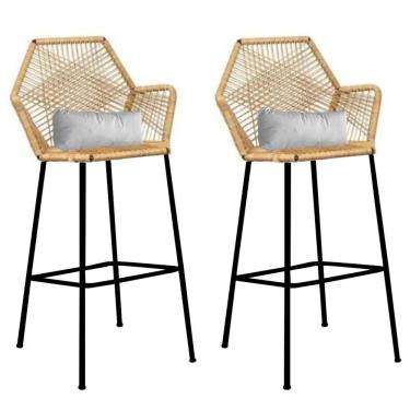 Imagem de Kit 02 Banqueta Alta Sttar Ferro Preto Fibra Palha Almofada Branco - Amey Decor