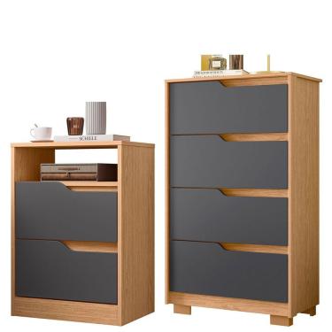 Imagem de Kit Cômoda 4 Gavetas E Mesa De Cabeceira Sara 2 Gavetas Flex Freijó/titanium