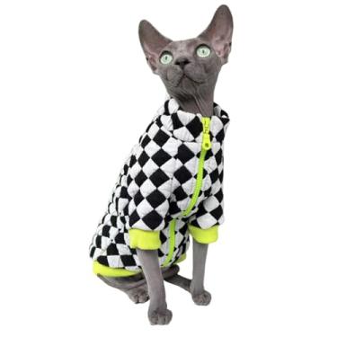 Imagem de Roupas de inverno para gatos Sphynx com gola rolê, jaqueta de lã dupla face com zíper, suéter para gatos Sphynx para gatos sem pelos e cães pequenos, vestuário com mangas (tabuleiro de xadrez, médio)